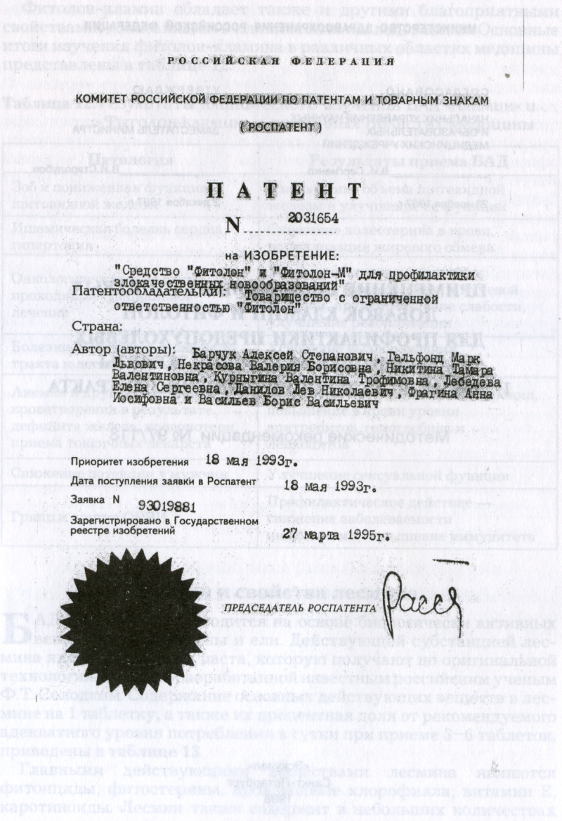 Фитолон Патент